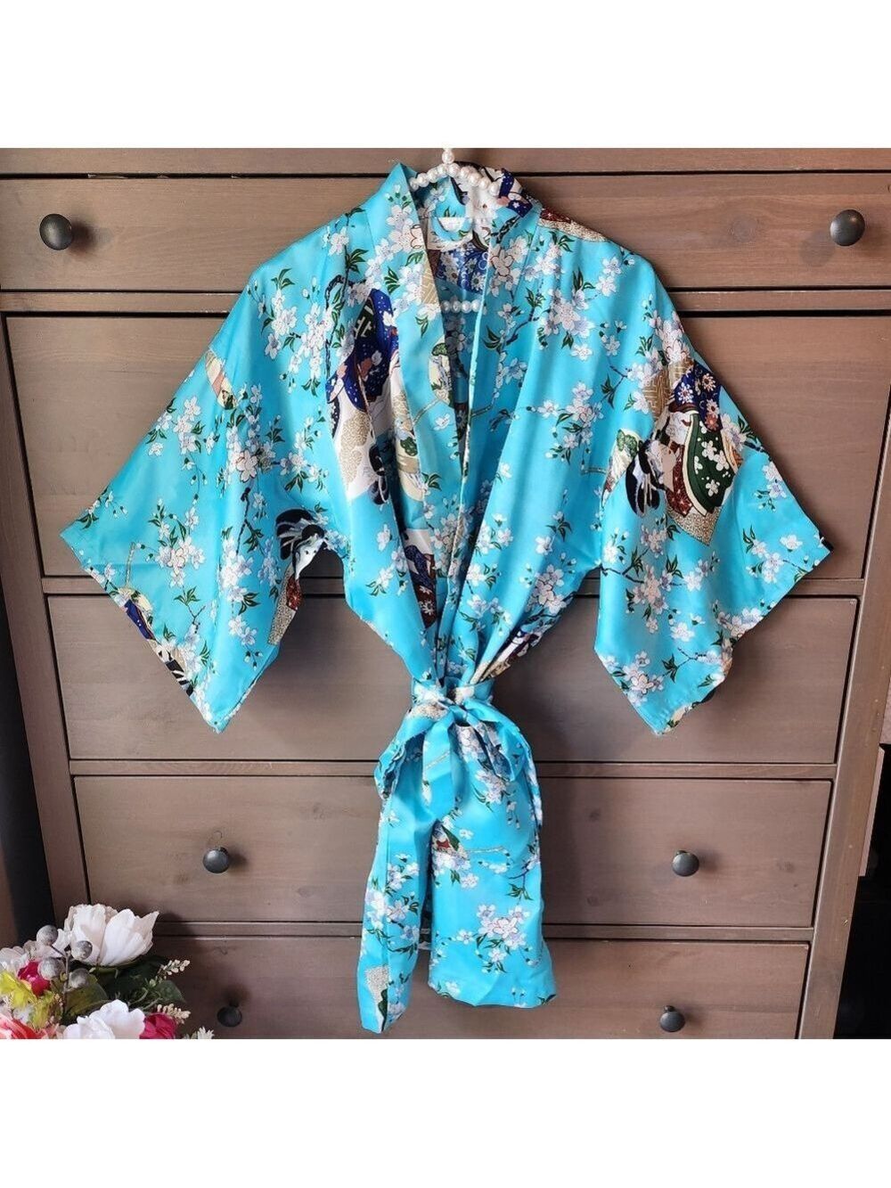Kimono Robe In Blue Geisha Print